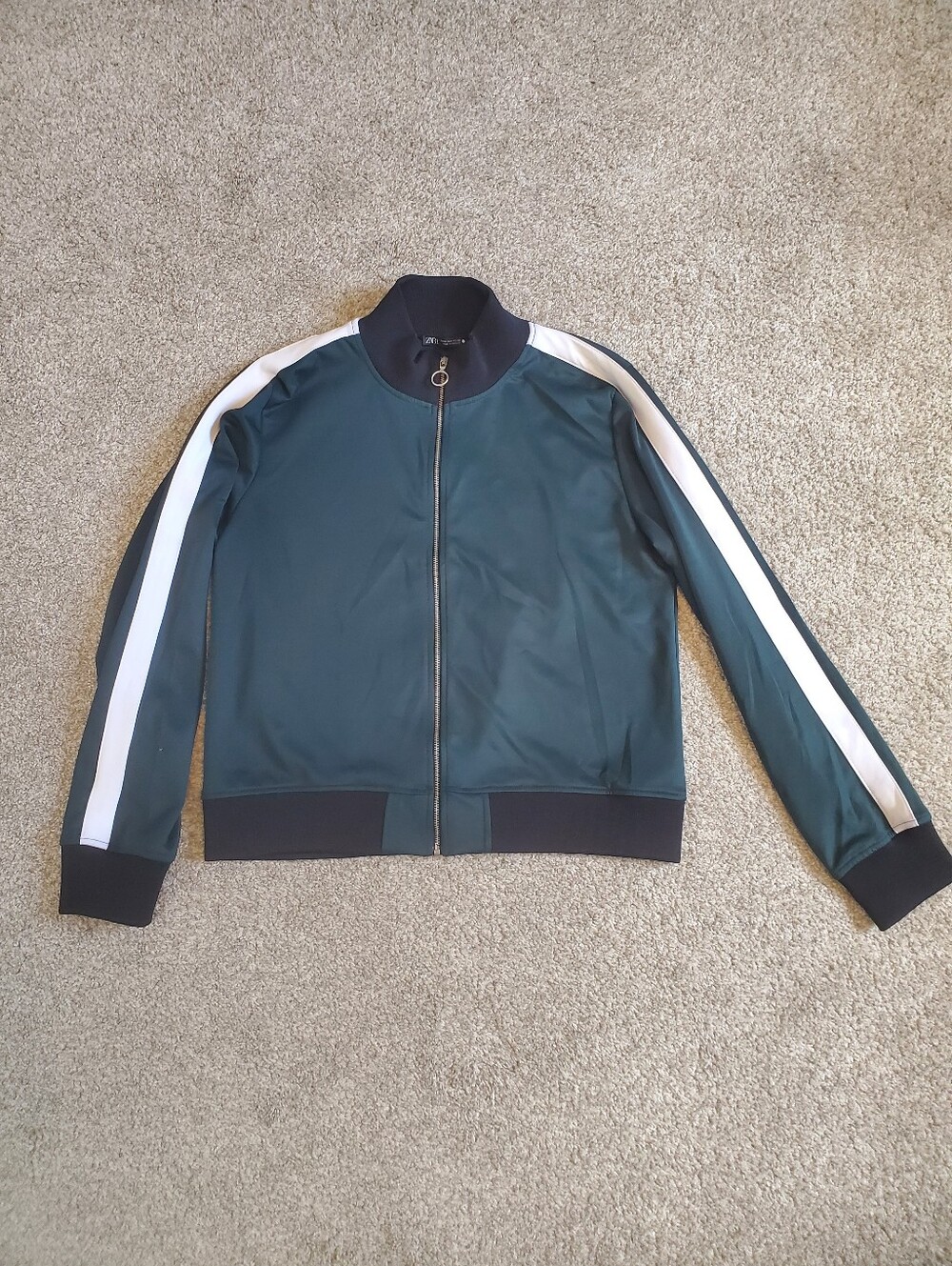 Zara Retro Dark Green Track Bomber Jacket Sweatshirt with White Sleeve Stripes